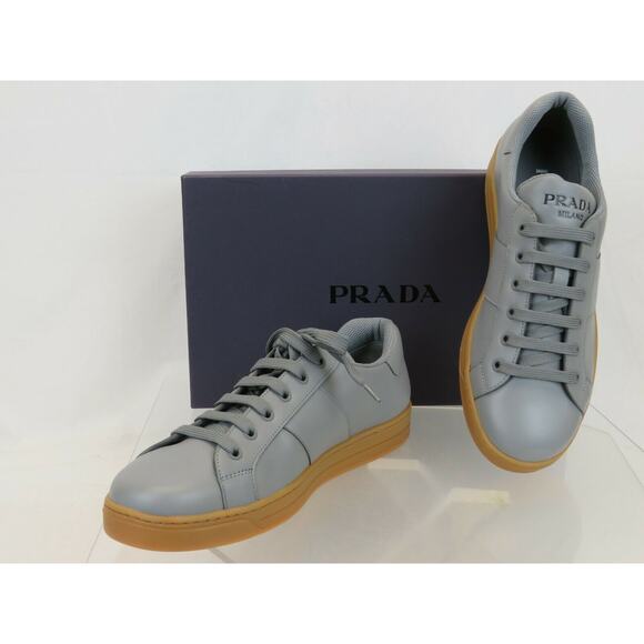 NIB PRADA 4E3501 GRAY LEATHER LACE UP LOGO LOW TOP SNEAKERS 7.5 / US 8.5 ITALY - Picture 7 of 12